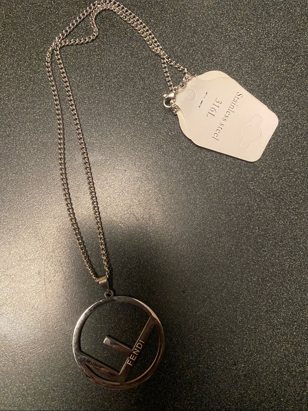 Fashion Jewelry Silver-Tone Circular Logo Pendant Necklace